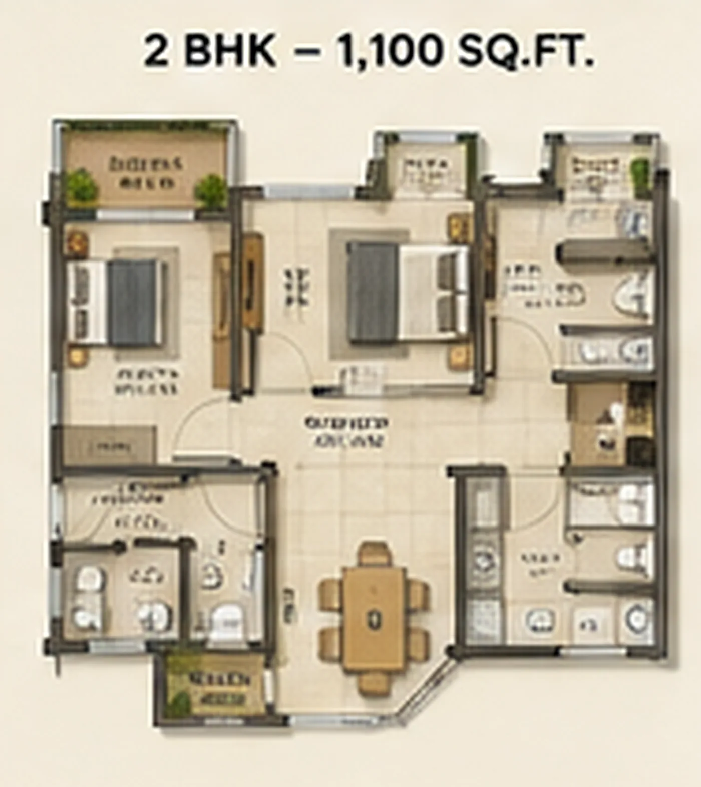 Artist's impression of a Lodha Hoskote 2 BHK floor plan layout