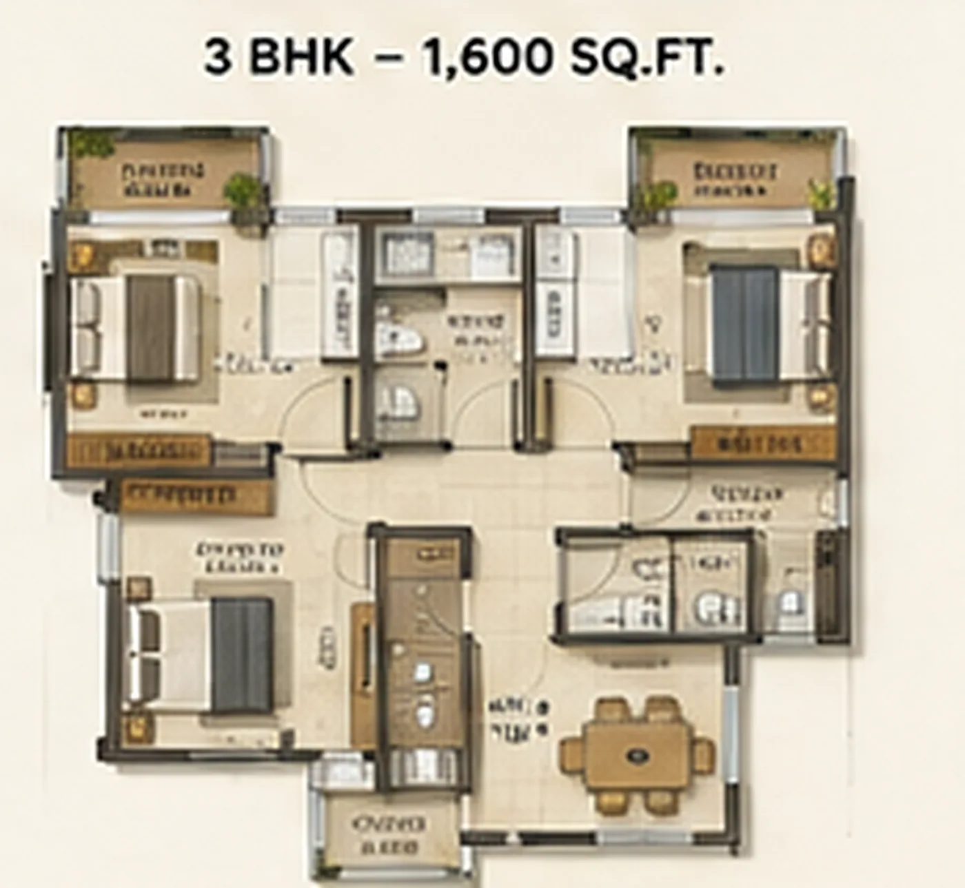 Artist's impression of a Lodha Hoskote 3 BHK floor plan layout